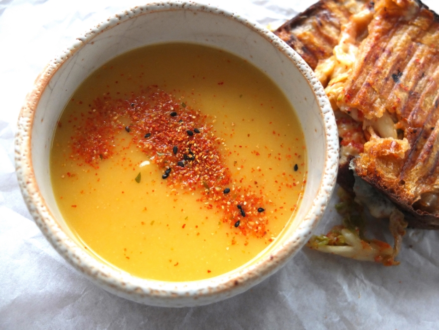 Squash and Miso Soup with Kimchi Cheese Toasties