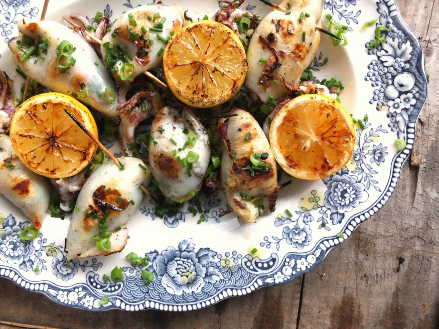 BBQ Stuffed squid with prawns and herbs